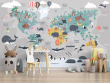 The world map with cartoon animals for kids